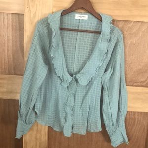 CJLA Blouse Sz M Dusty Blue Ruffled Details